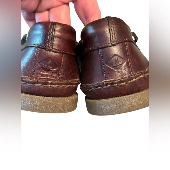 Sperry Topsiders EUC Brown Leather Boat shoes, gold trim, men’s size 11 - Picture 6 of 7